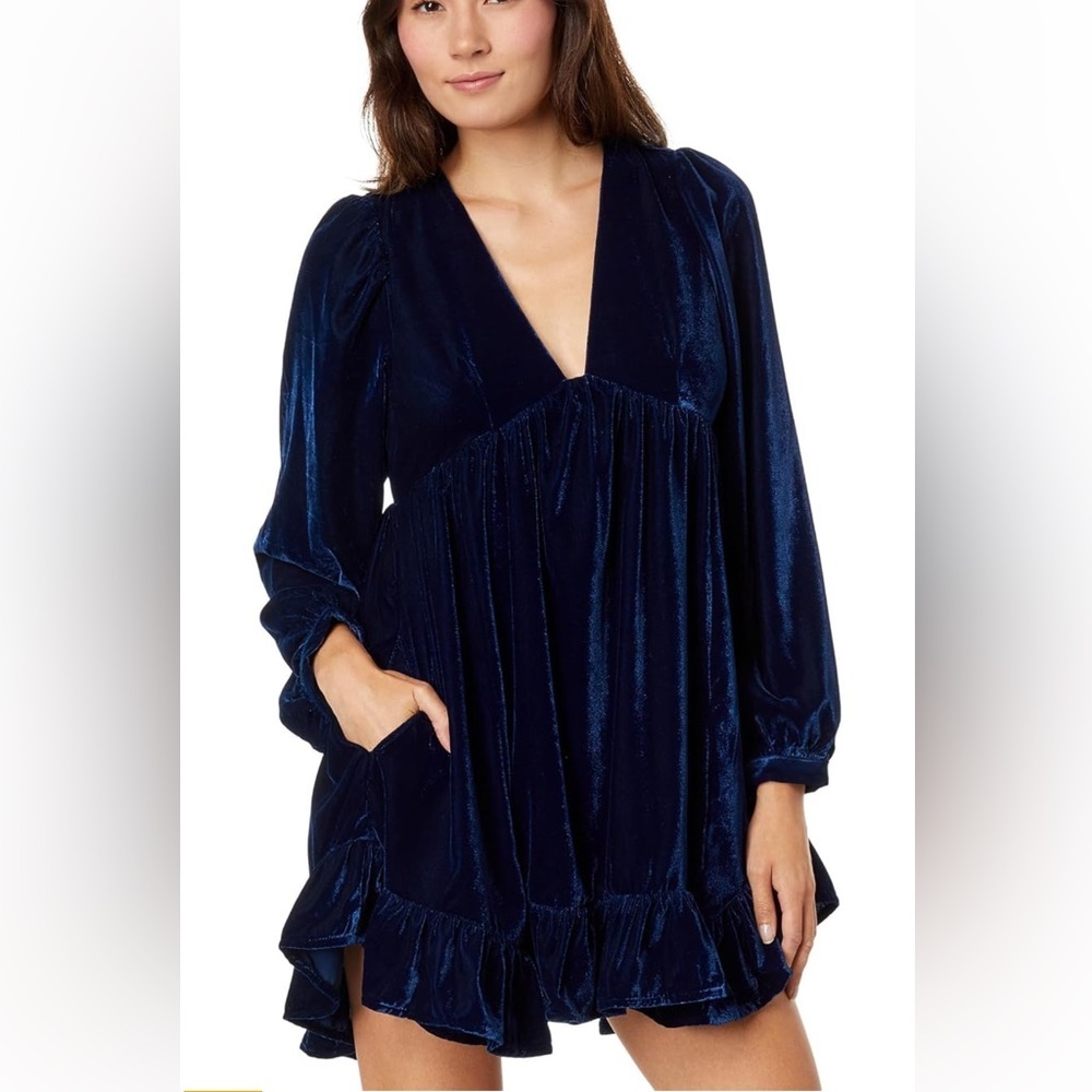 Free People Womens Estella Velvet Party Mini Dress, blue, SMALL - Picture 2 of 12